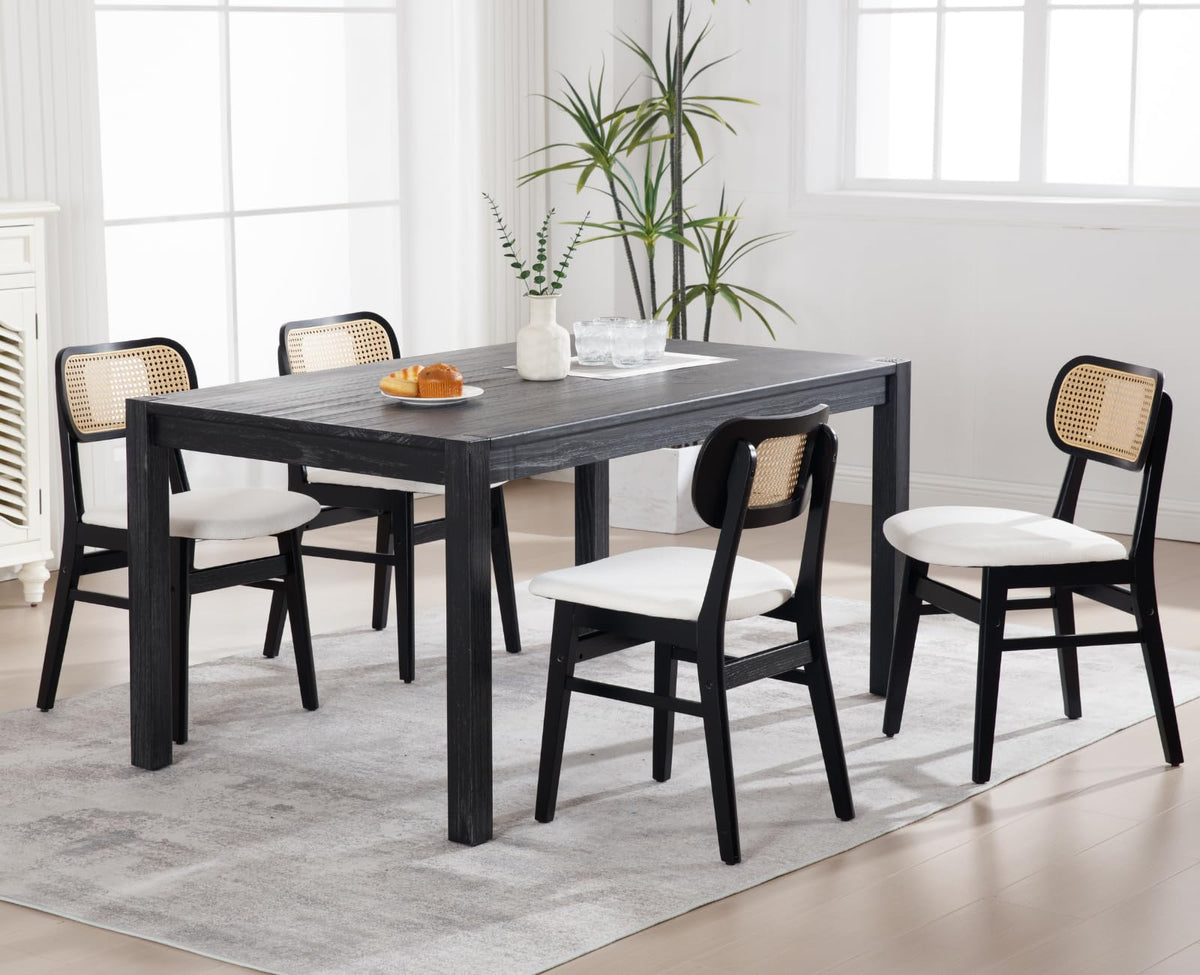 Shunzhi Rattan Dining Chairs Set Of 4 Farmhouse Black Wood Dining Room Chairs With Cane Back Mid Century Modern Linen Kitchen Ch