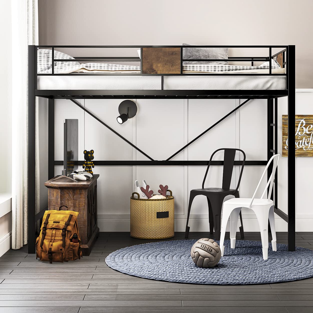 Sha Cerlin Loft Bed Twin Size With Ladder And Guardrail,Rustic Design,Metal Slats Support No Box Spring Needed Small Space Saving Furniture For Bedroom Dorm