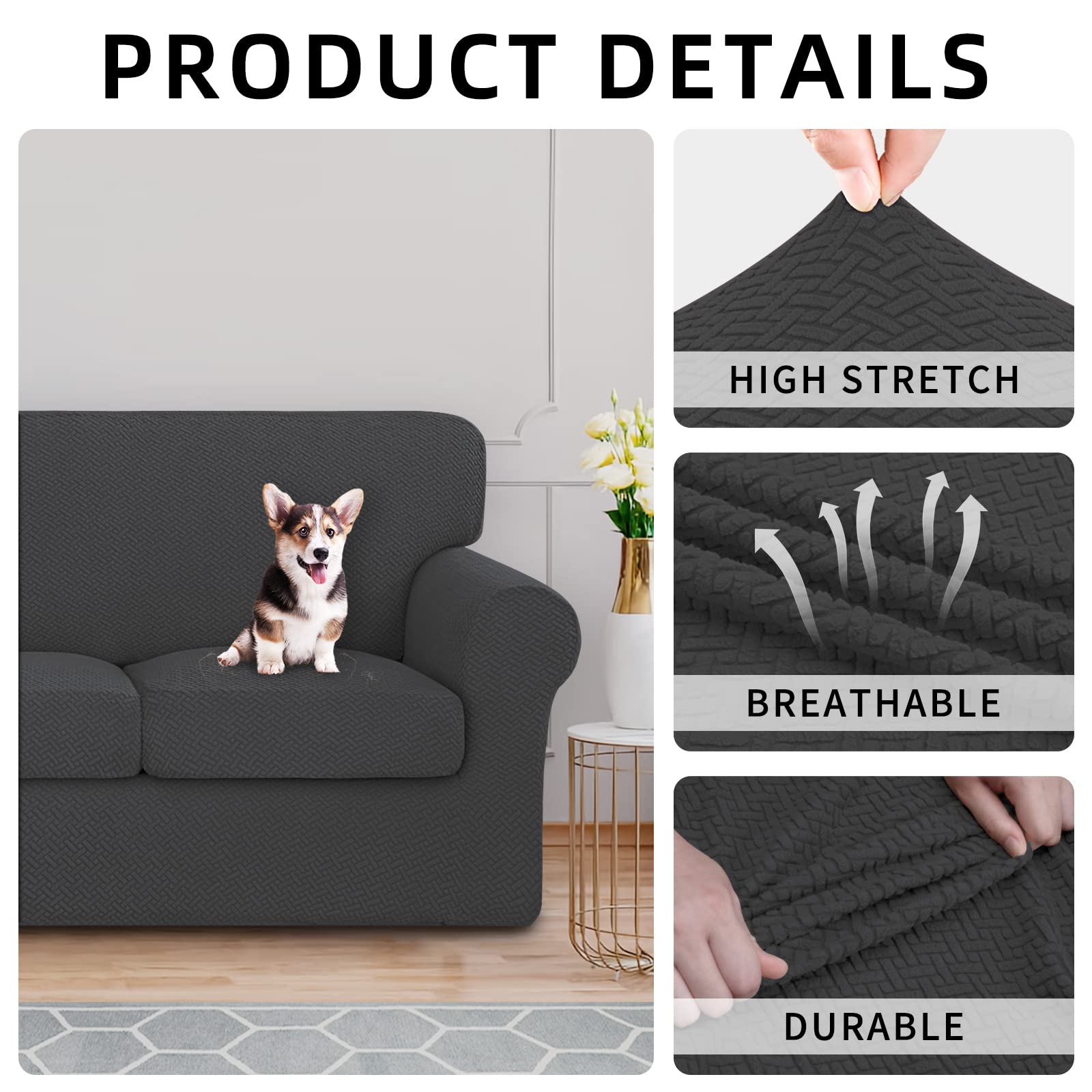 Issuntex 4 Pieces High Stretch Thicken Couch Covers, Soft Sofa Slipcover For 3 Separate Cushion , Jacquard Fabric Elastic Furnit