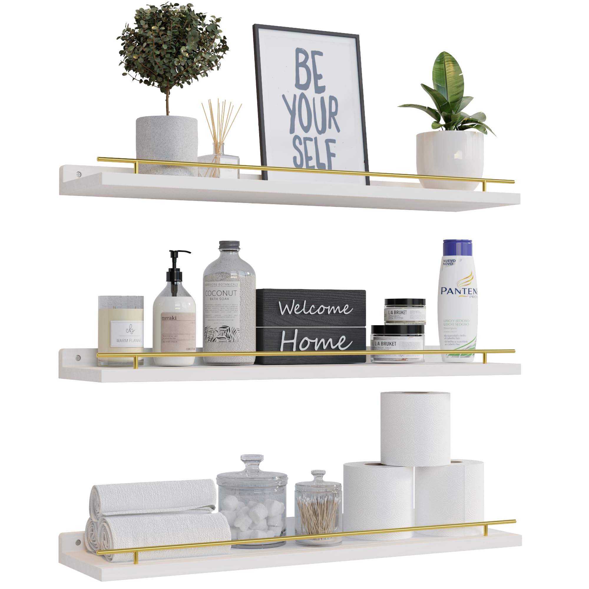 Wopitues Floating Shelves 24 Inch With Gold Metal Guardrail, Shelves For Wall Decor Set Of 3, Wall Shelves For Bedroom, Bathroom, Kitchen, Living Room, Plants, Picture Frames, Art- White And Gold