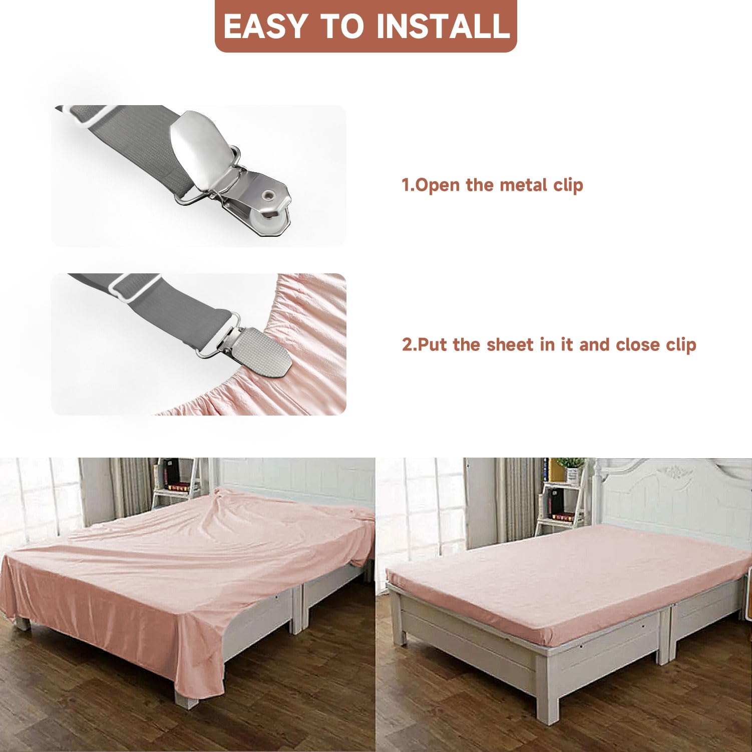 Bozenu Bed Sheet Straps, Upgrade Fitted Bed Sheet Holders For Corners, Non Slip Sheet Clips Grey 8Pcs