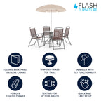 Flash Furniture Nantucket 6-Piece Patio Dining Set with Glass Table, 4 Folding Chairs, and Umbrella, Outdoor Patio Set, Brown