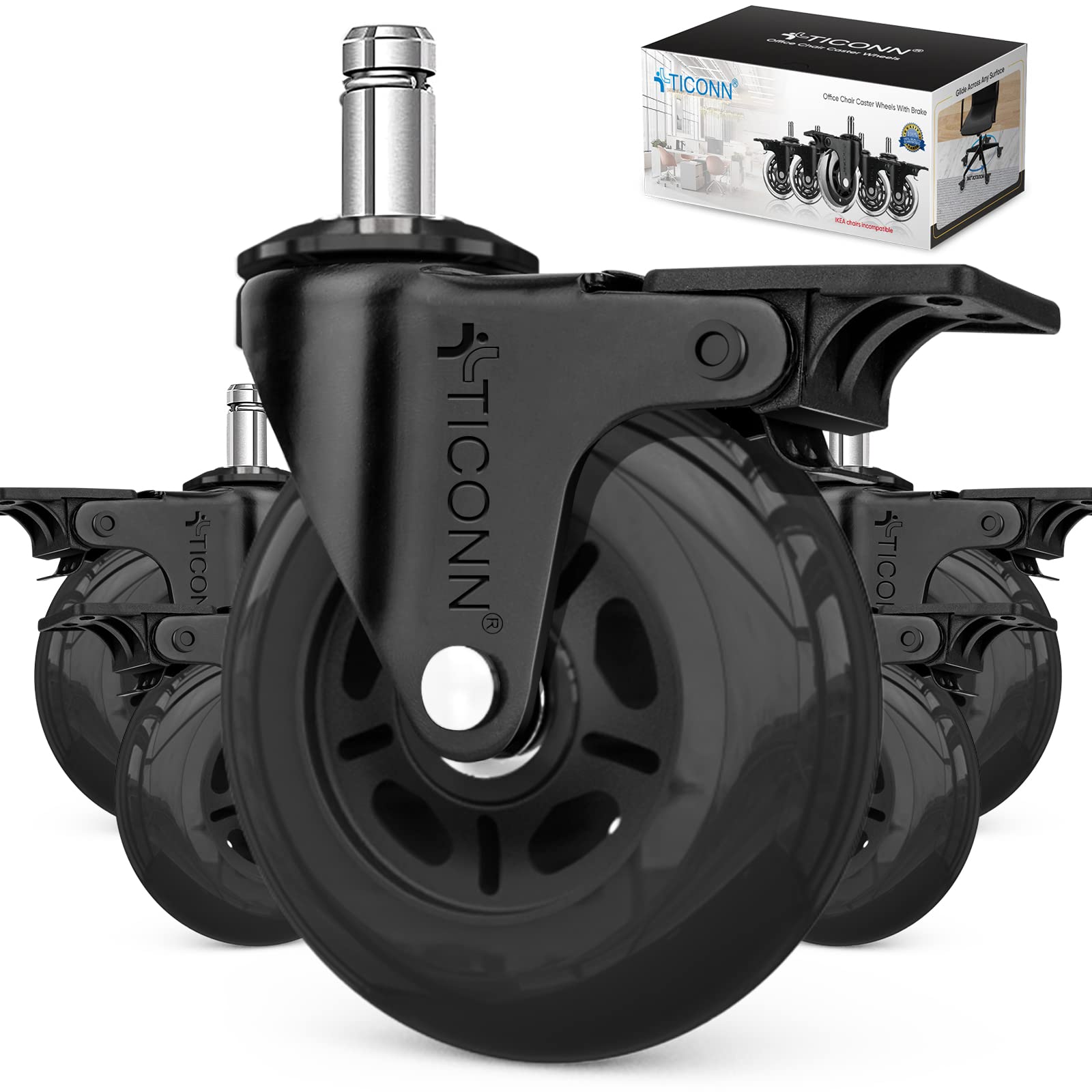 Ticonn Office Chair Caster Wheels Set Of 5 For Tile, Hardwood Floors And Carpets, Universal Fit For Most Chairs (Black With Brake)