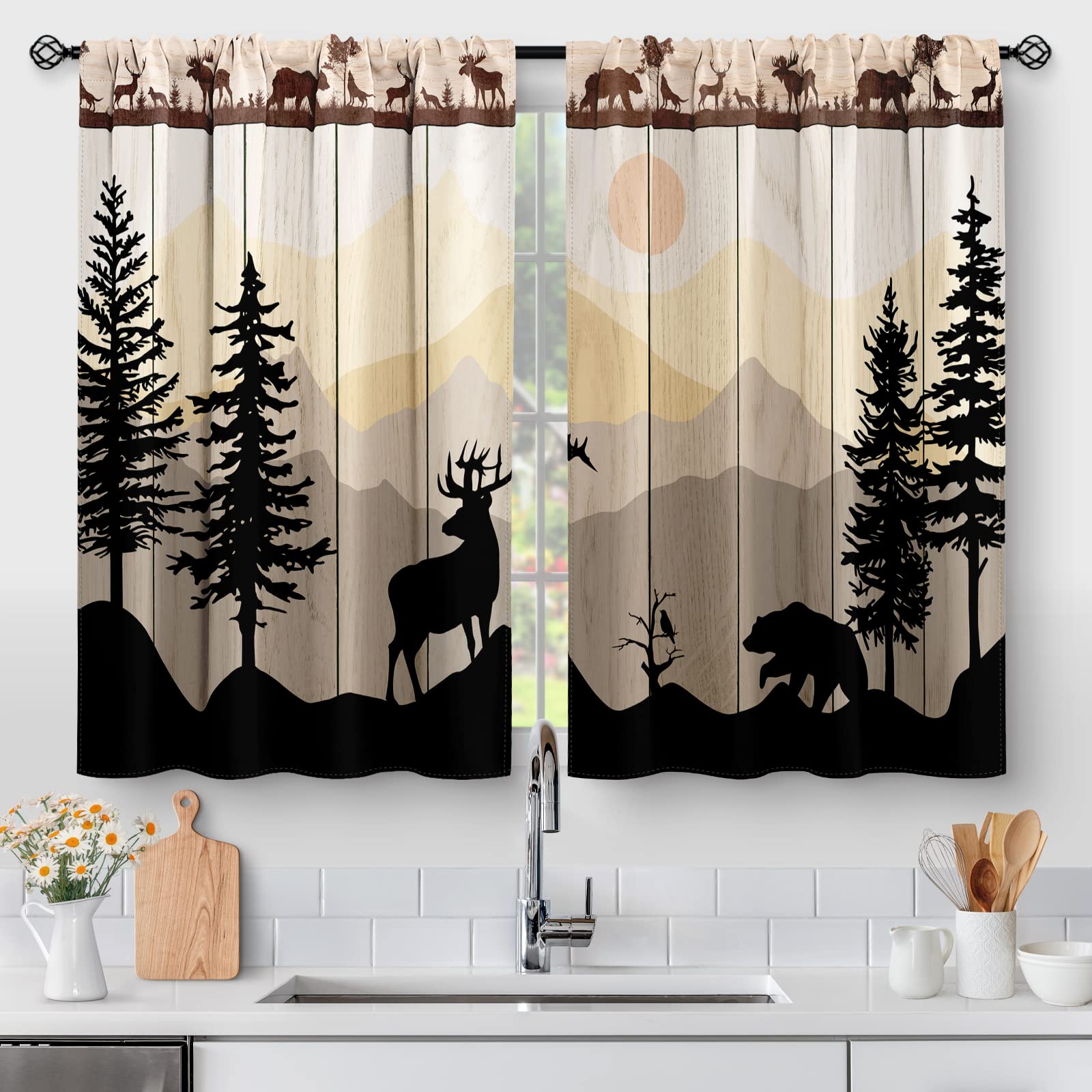 Kitchen Curtains Forest Sunset - Country Rustic Farmhouse Short Cafe Curtains Decor For Dining Room Tier Curtains Over Sink Retr