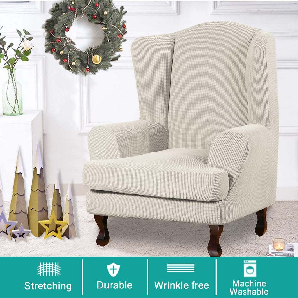 Turquoize Wingback Chair Covers 2 Piece Wing Chair Slipcover Stretch Slipcovers For Wingback Chairs Wing Chair Cover Spandex Jacquard Fabric With Elastic Bottom Non-Slip Furniture Cover, Island Fossi