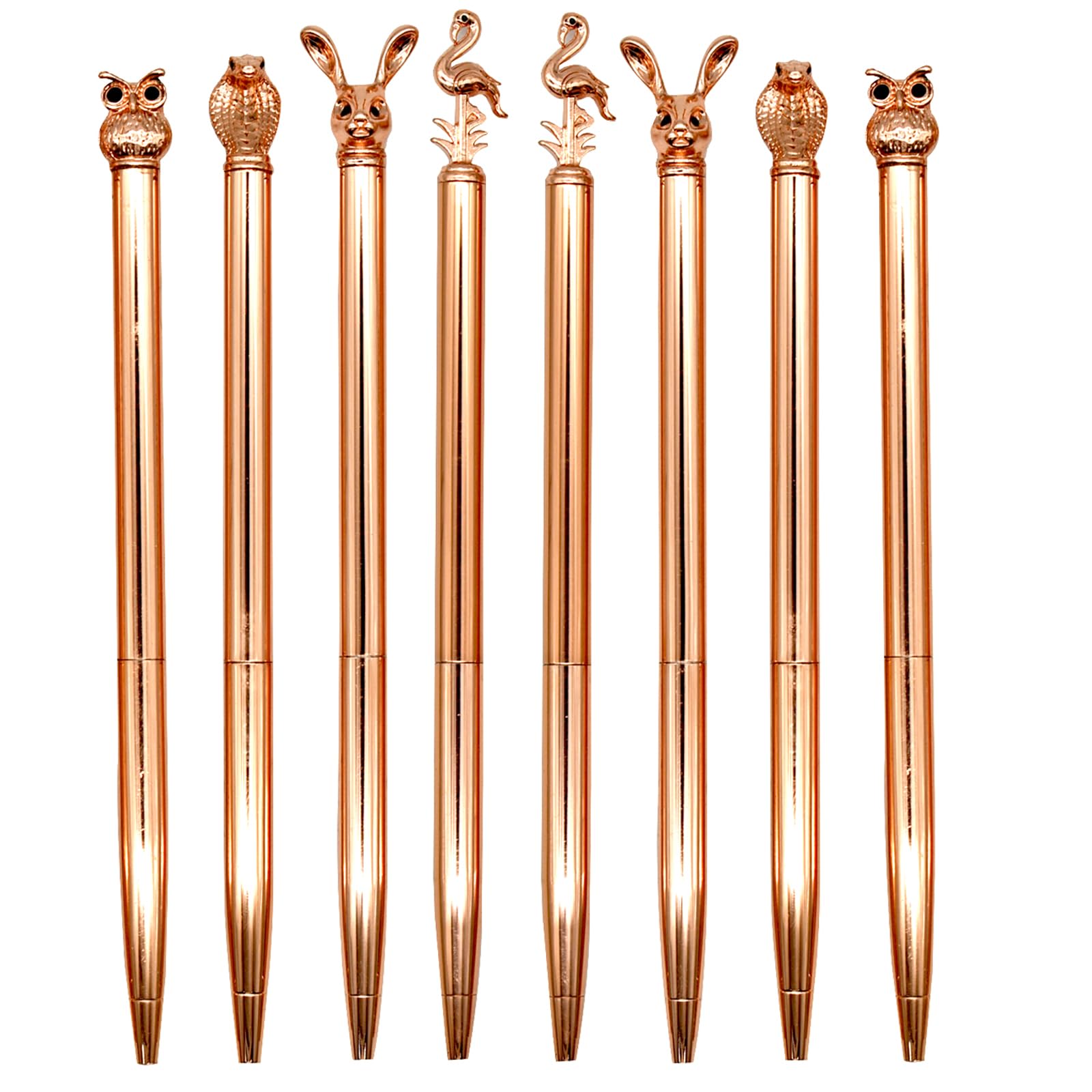 Lopenle 8 Pcs Metal Owl Pens Luxury Flamingo Pen Rabbit Bunny Easter Pens Cute Snake Cobra Pens Animal Ballpoint Pen 1.0Mm Black