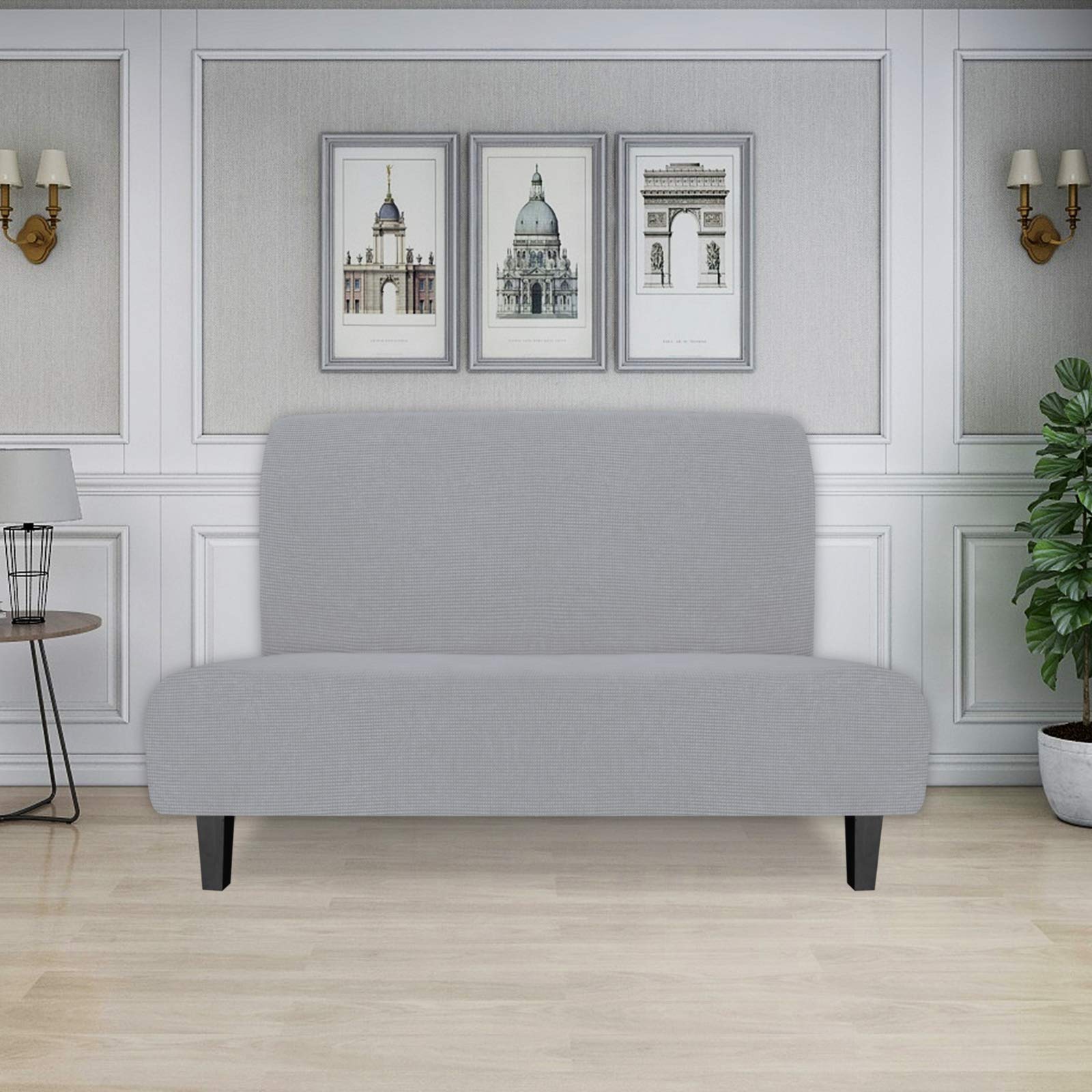 Easy-Going Stretch Futon Sofa Slipcover Armless Sofa Bed Cover Furniture Protector Without Armrests With Elastic Bottom For Kids,Soft Jacquard Fabric Small Checks(Medium Futon,Silver Gray