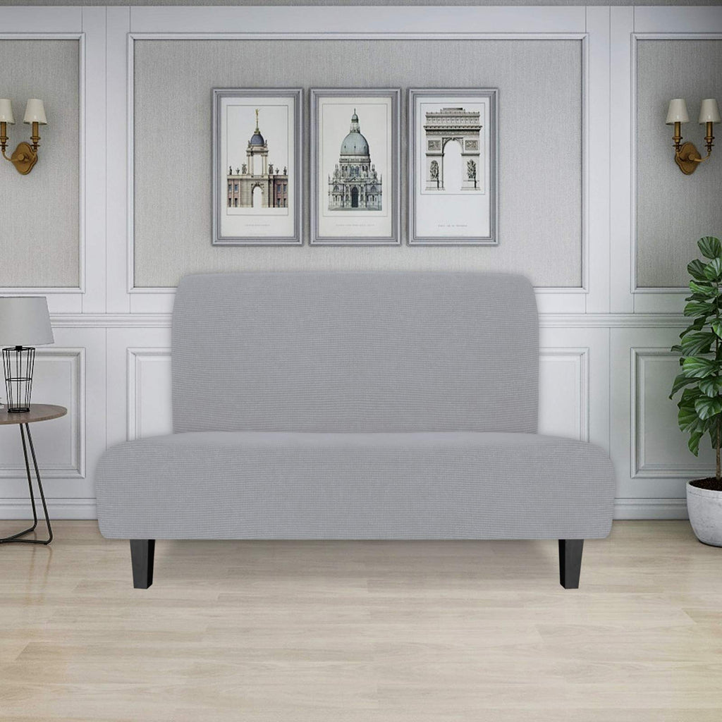 Easy-Going Stretch Futon Sofa Slipcover Armless Sofa Bed Cover Furniture Protector Without Armrests With Elastic Bottom For Kids,Soft Jacquard Fabric Small Checks(Medium Futon,Silver Gray