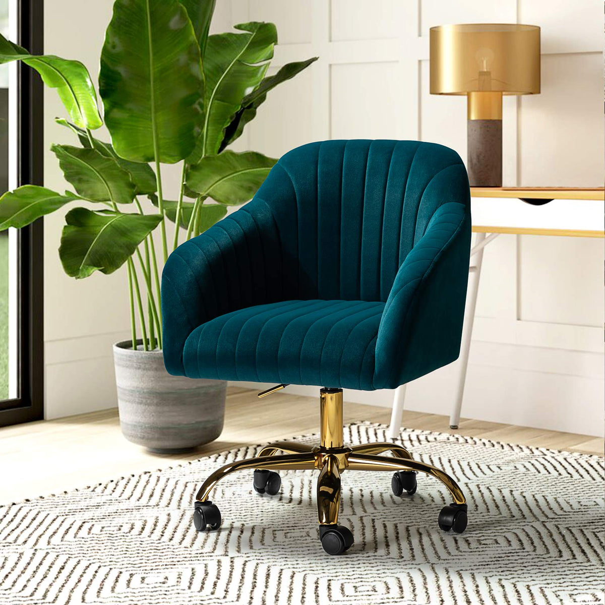 Hulala Home Velvet Home Office Desk Chair, Modern Cute Computer Task Chair, Wheels Swivel Height Adjustable Upholstered Vanity Chair For Women, Girls (Gold Base, Teal)