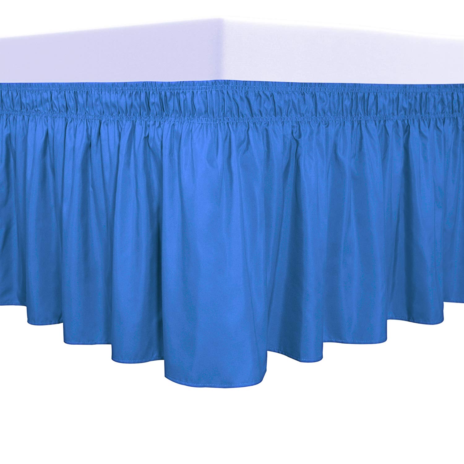 Purefit Wrap Around Ruffled Bed Skirt With Adjustable Elastic Belt - 14 Inch Drop Easy To Put On, Wrinkle Free Bedskirt Dust Ruffles, Bed Frame Cover For Queen, King And C-King Size Beds, Blue