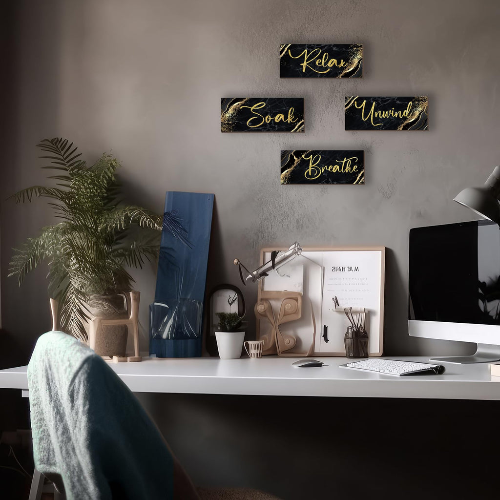 Onizhity 4 Pcs Black And Gold Bathroom Decor Black Gold Wall Decor Relax Soak Unwind Breathe Wooden Rustic Marble Style Bathroom