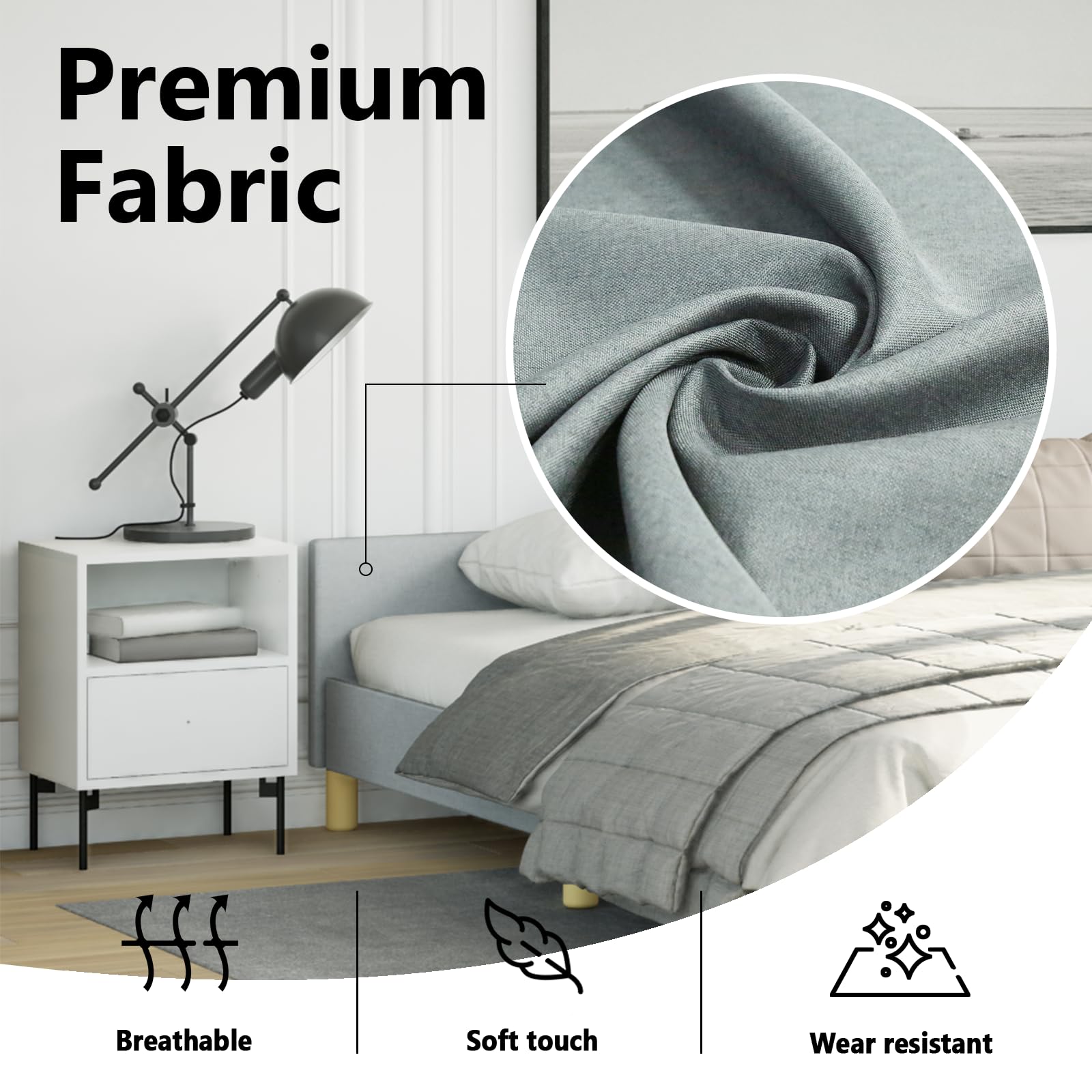 vidaXL Fabric Bed Frame Platform Bed, Scandinavian Style/Slats Support/No Box Spring Needed/Without Mattress/Easy Assembly, Light Grey King Bed