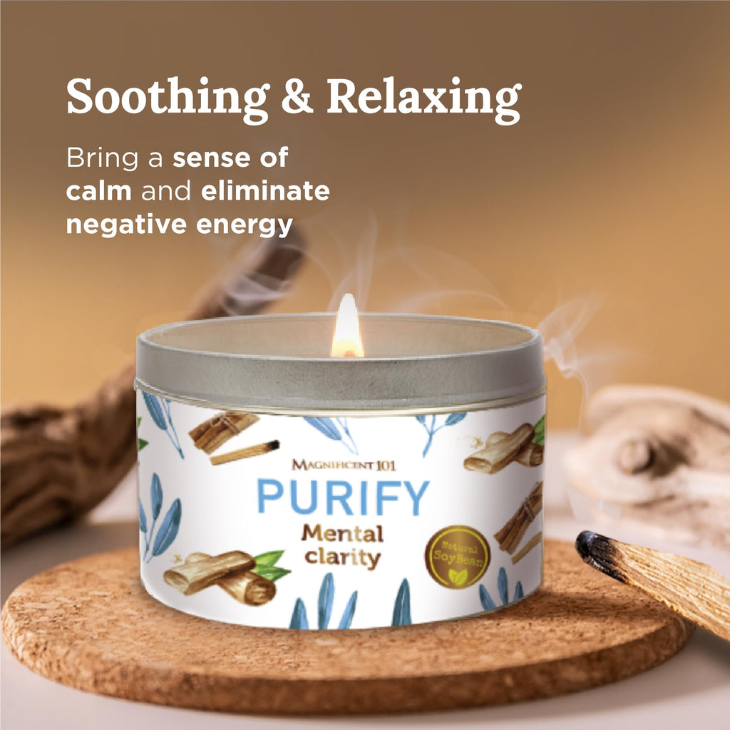 Magnificent 101 Purify Aromatherapy Candle For Clarity - Sage, Palo Santo, Sandalwood, Lavender Scented Natural Soybean Wax Tin