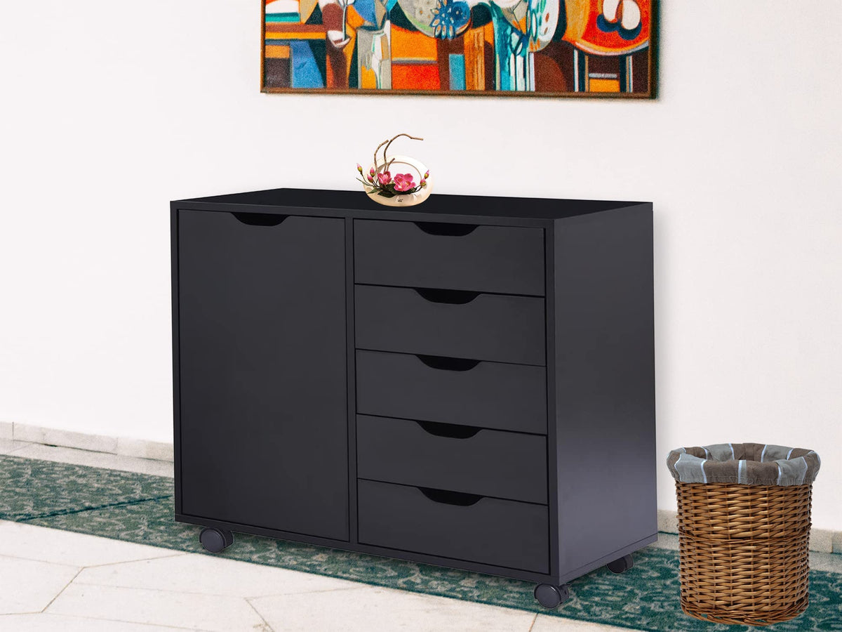Naomi Home 5 Drawer Dresser For Bedroom, Stylish Tall With Wheels, Storage Shelves For Closet, Makeup With 180 Lbs Capacity - Black, Small