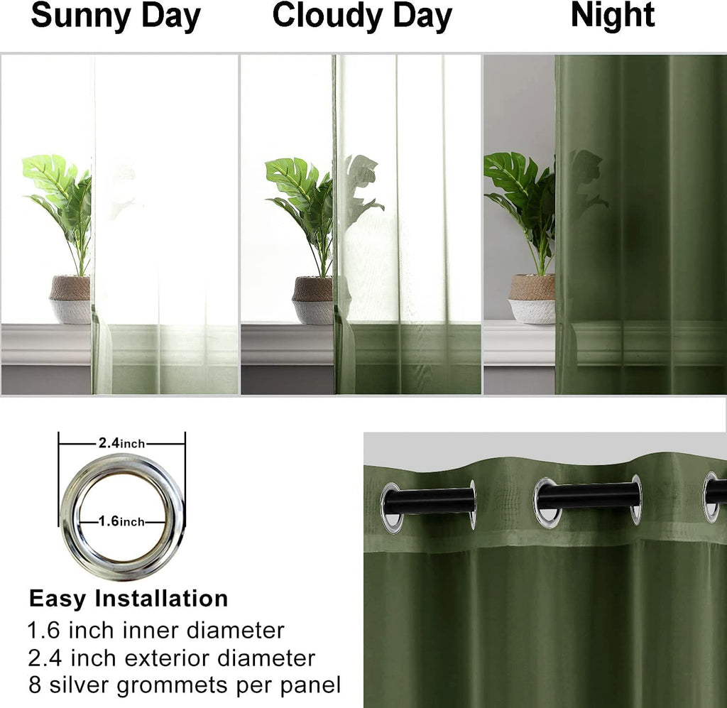 Hiasan Sheer Curtains For Living Room With Tieback, Airy Breathable Voile Textured Drapes Light Filtering Grommet Window Curtains For Bedroom, Kids' Room, Olive Green, W52 X L72, 2 Panels