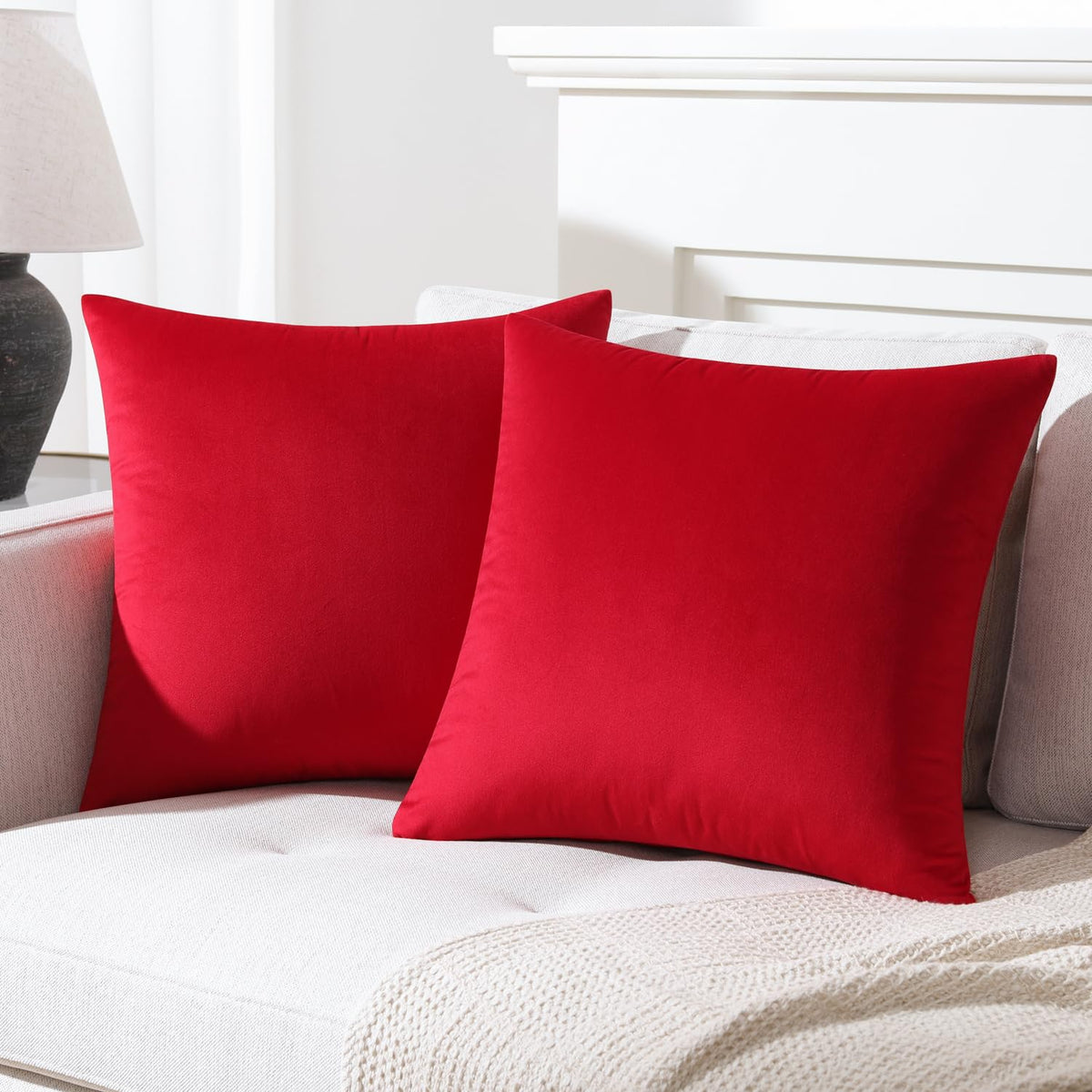 Mixhug Set Of 2 Cozy Velvet Square Decorative Throw Pillow Covers For Couch And Bed, Red, 18 X 18 Inches