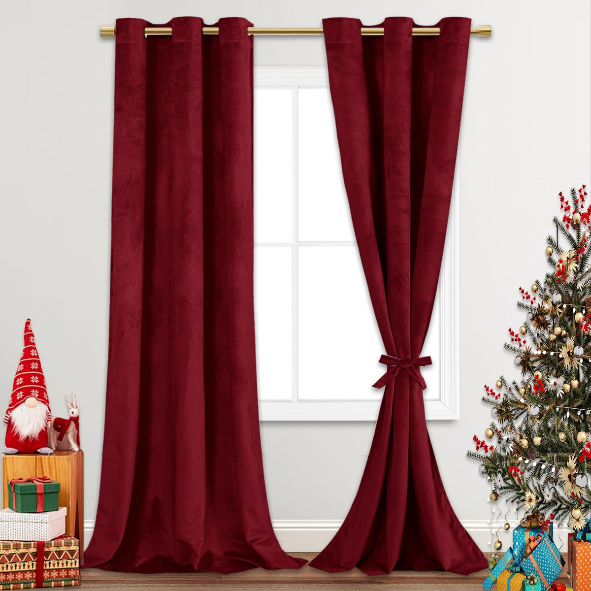 Jiuzhen Red Velvet Curtains 90 Inches - Soft Velvet Blackout Grommet Curtains Thermal Insulated Noise Reducing Window Drapes For