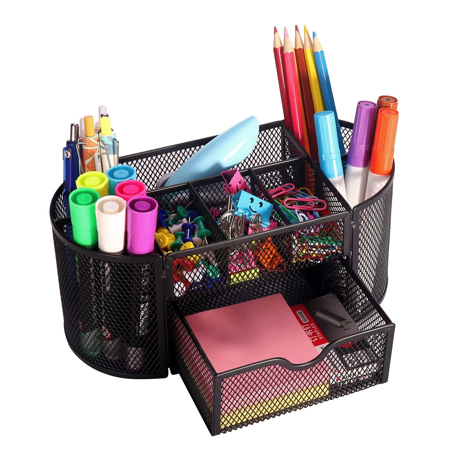 Comix Mesh Pen Pencil Holder Desk Organizer, 8 Compartment And 1 Drawer Wire Desktop Pen Pencil Cup Caddy Office Supplies Access