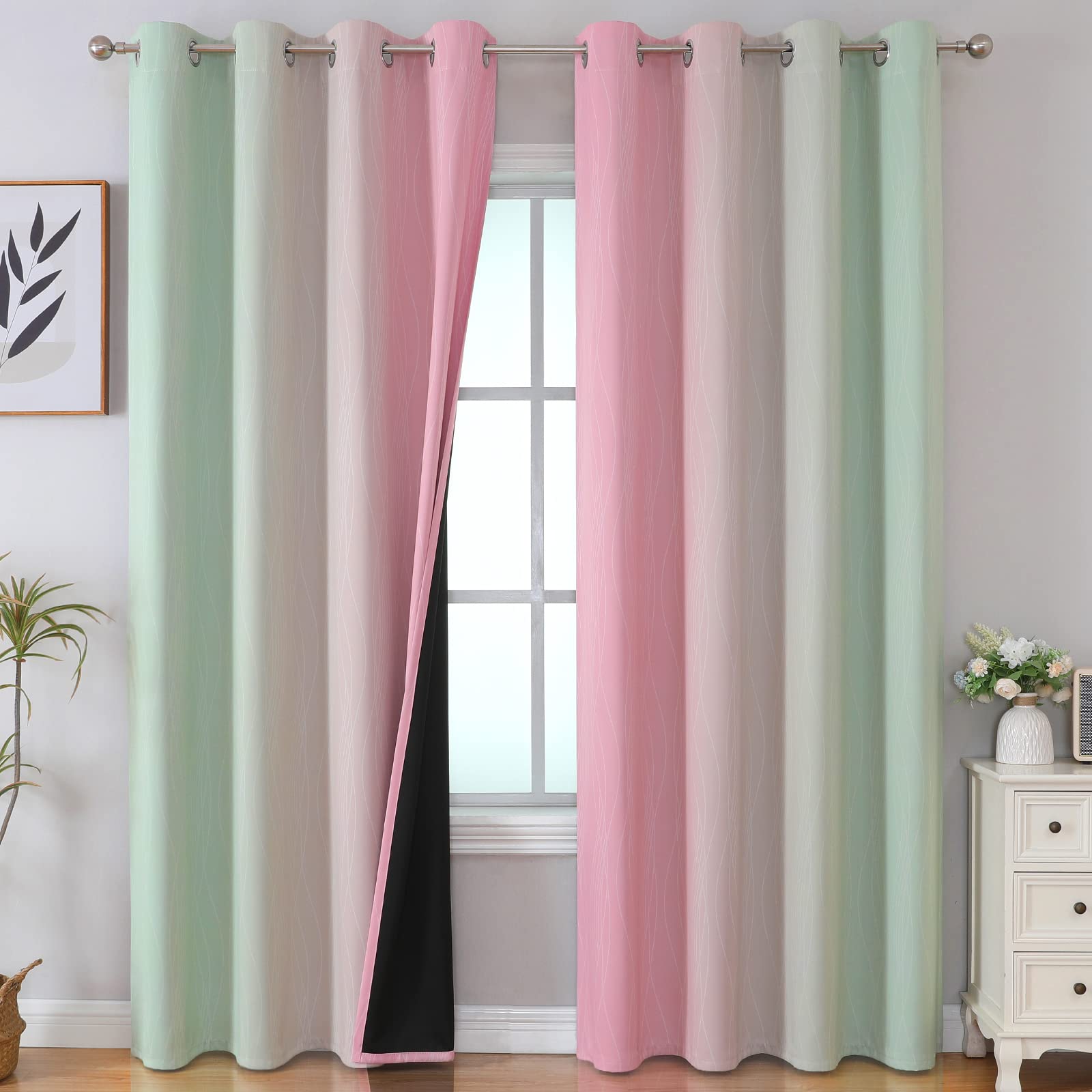 Estelar Textiler Sage Green And Pink Blackout Curtains 84 Inches Long For Living Room, Thermal Insulated Ombre Full Light Blocki