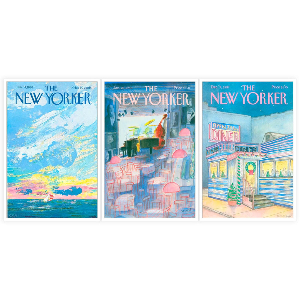 DFAIUY Set of 3 New Yorker Magazine Posters Modern Home Canvas Wall Art Retro Blue Minimalist Prints Painting Sunrise Sunset Sea