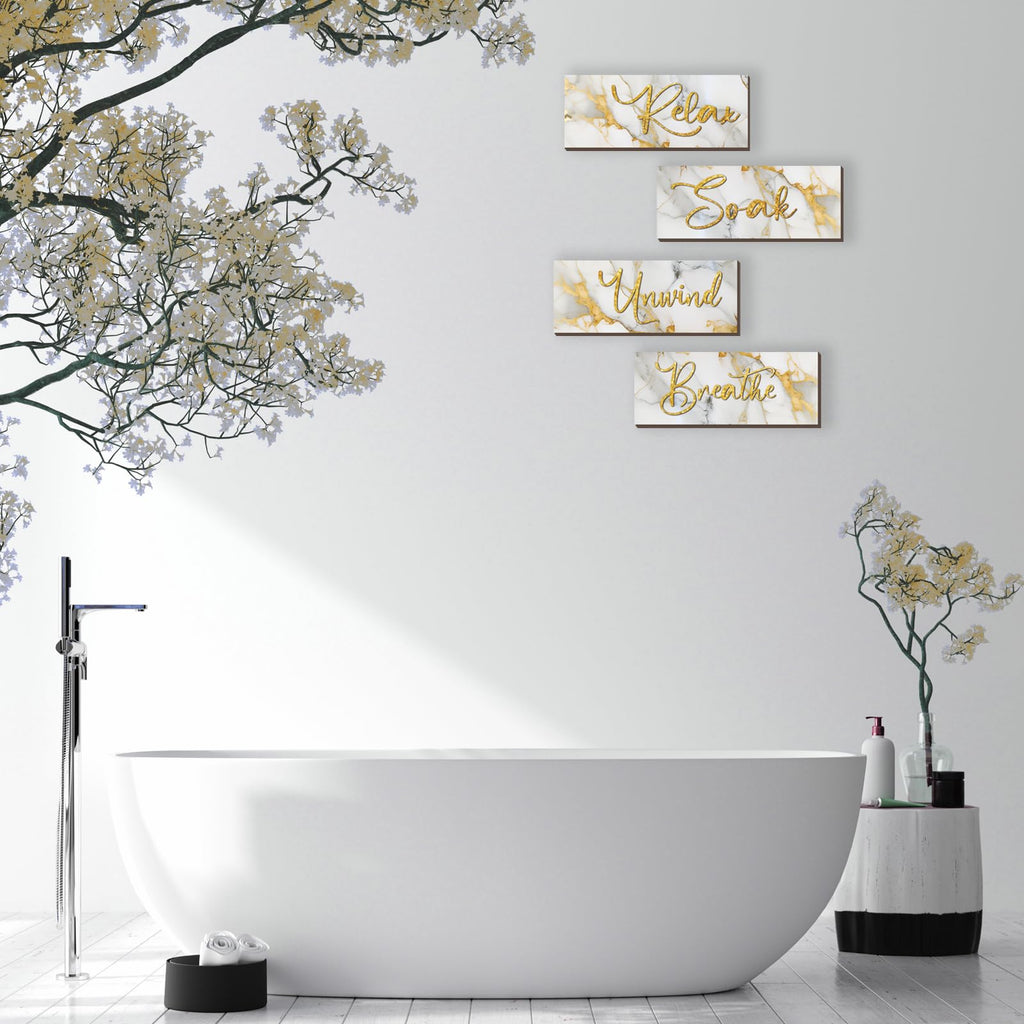 Onizhity 4 Pcs White And Gold Bathroom Decor White Gold Wall Decor Relax Soak Unwind Breathe Wooden Rustic Marble Style Bathroom