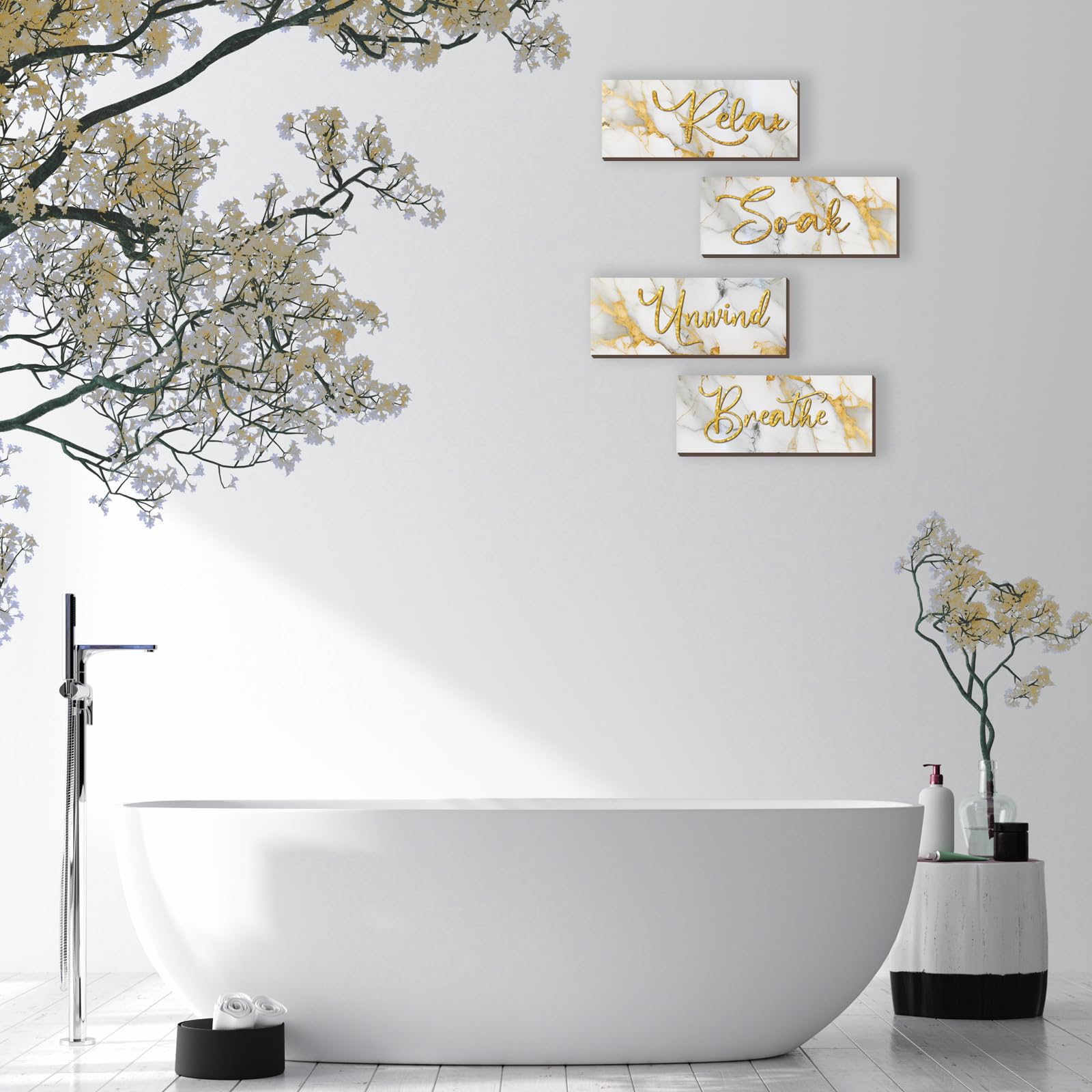 Onizhity 4 Pcs White And Gold Bathroom Decor White Gold Wall Decor Relax Soak Unwind Breathe Wooden Rustic Marble Style Bathroom