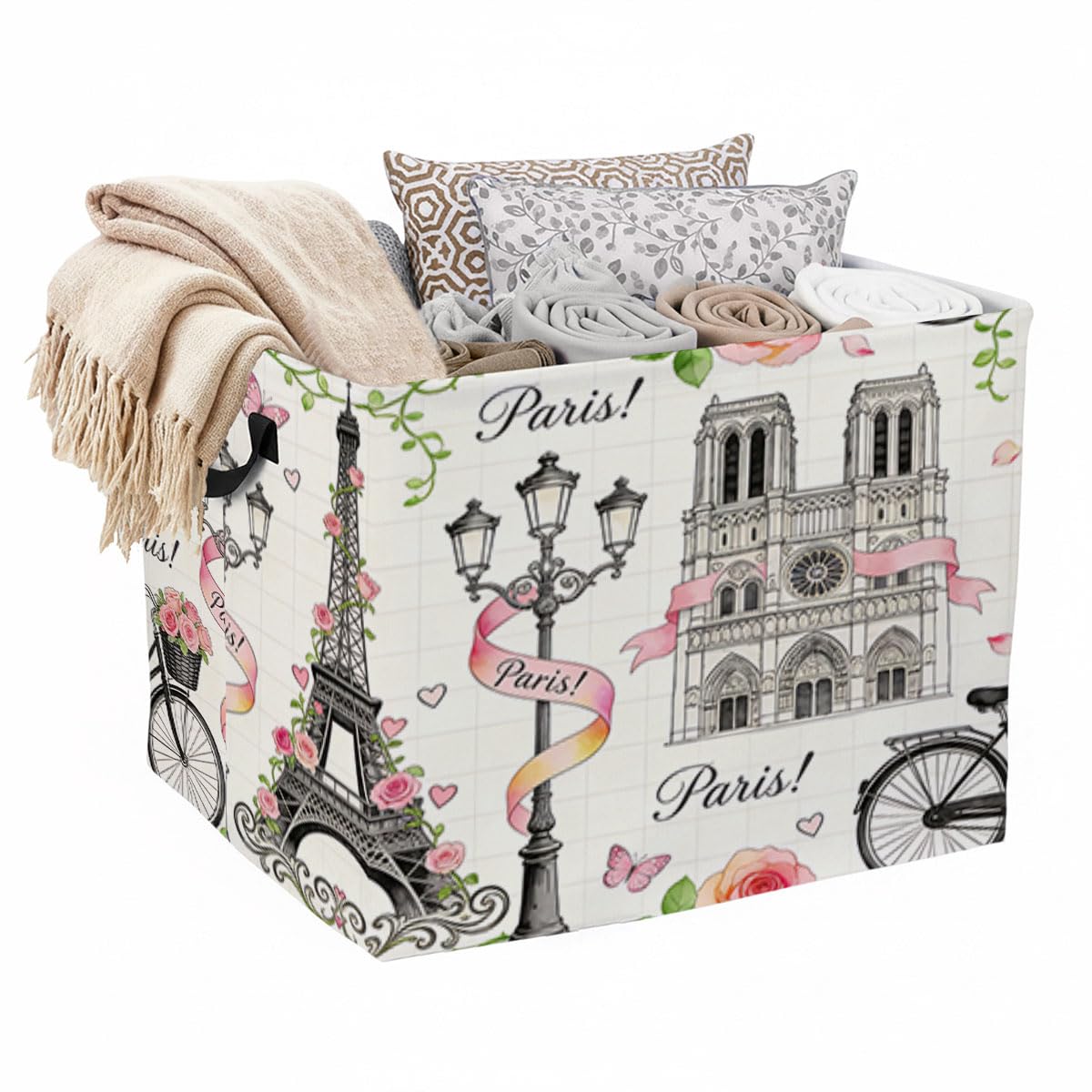 Romantic Paris Laundry Hamper 56L Large Laundry Basket with Handles, Foldable Clothes Hamper for Bedroom Bathroom, Decorative To