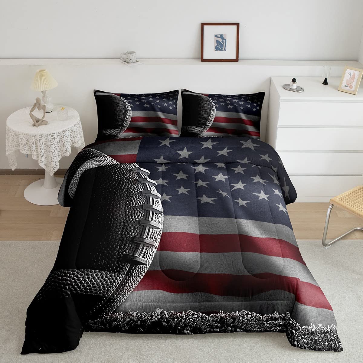 American Flag Print Comforter Set Twin Size,American Football Print Duvet Insert For Kid Teen Boys Girls Room Decor,3D Sports Ga