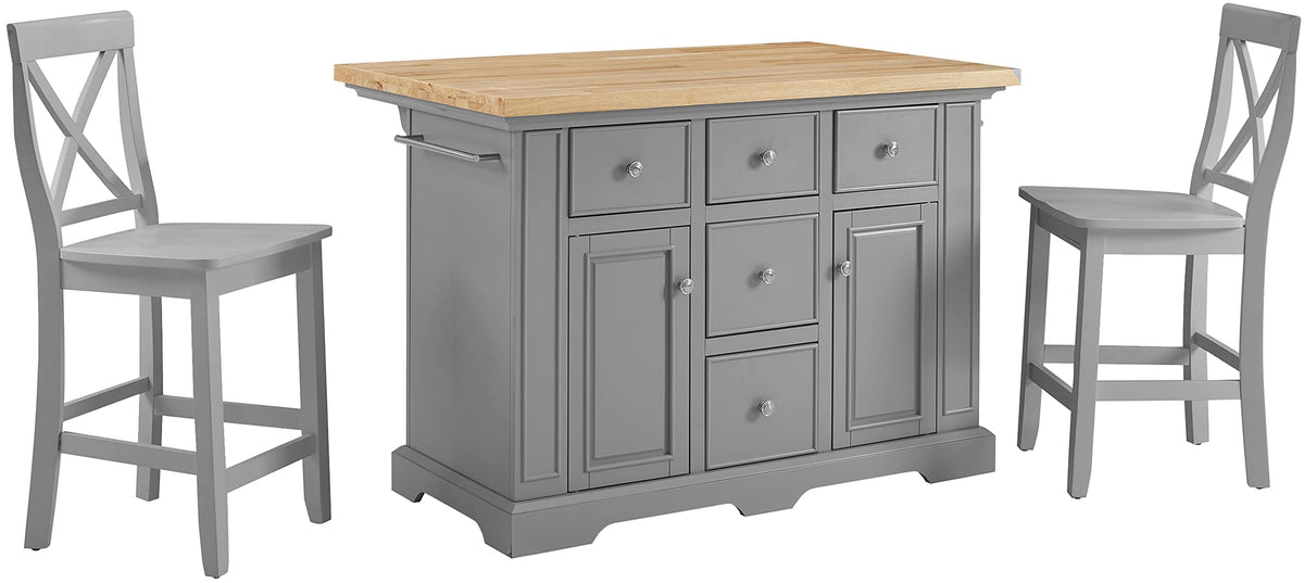 Crosley Furniture Julia Kitchen Island with Wood Top and X-Back Stools, Gray