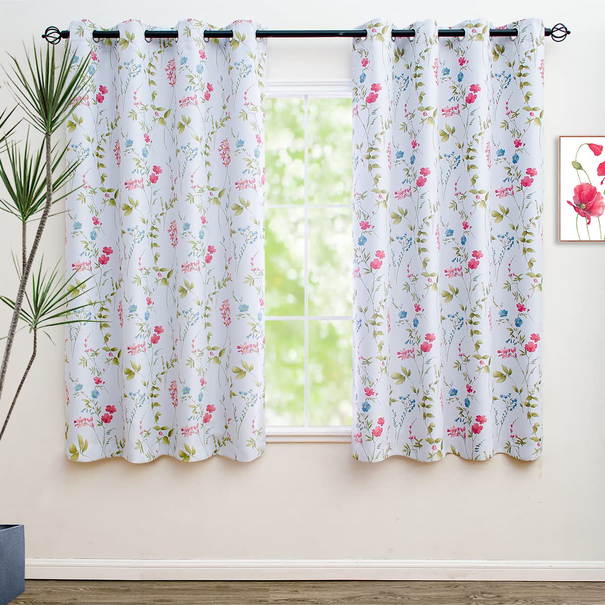 Linentalks Floral Blackout Curtains, Grommet Top Room Darkening Drapes for Bedroom Living Room, Printed Patterned Curtain 2 Pane