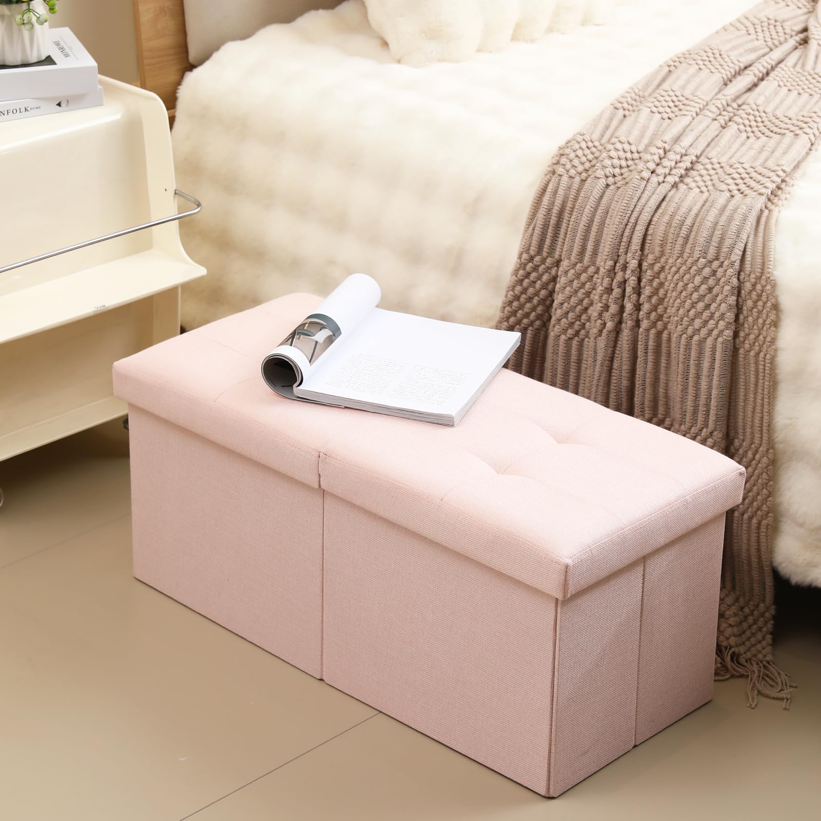 Cuyoca Storage Ottoman Bench Foldable Seat Footrest Shoe Bench End Of Bed Storage With Flipping Lid, 75L Storage Space, 30 Inches Linen Fabric Pink