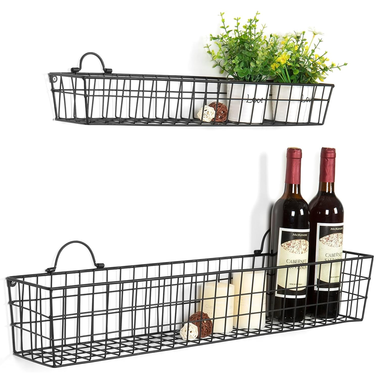 MyGift Country Rustic Wall Mounted Black Metal Wire Storage Baskets Display Racks, Set of 2