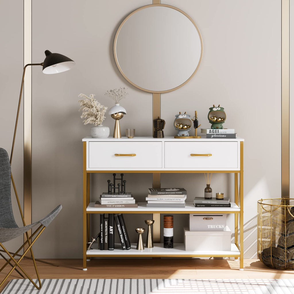Hithos Industrial Console Table With Drawers, Vintage Hallway Foyer Table With Storage Shelves, Narrow Long Sofa Entryway Table For Living Room, White/Gold