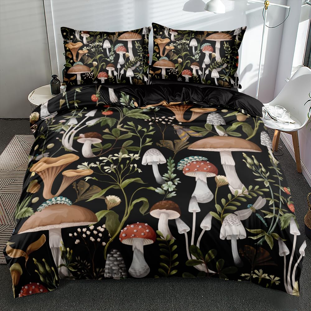 Holiyjog King Size Tropical Floral Mushroom Pattern Duvet Cover Set - Dark Brown Botanical Bedding For Boys & Girls, Natural & R