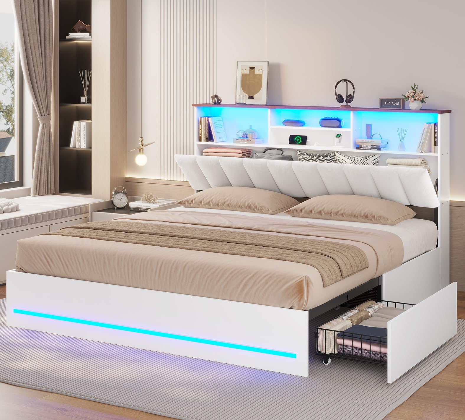 AOGLLATI King Size Bed Frame with 4 Storage Drawers, White King Bed Frame Wood with Charging Station (Type-C and USB), Led Light