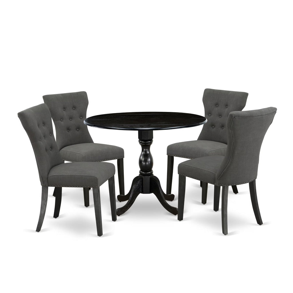 East West Furniture DMGA5-ABK-50 5 Piece Dining Room Table Set Includes a Round Dining Table with Dropleaf and 4 Dark Gotham Linen Fabric Upholstered Parson Chairs, 42x42 Inch, Wirebrushed Black