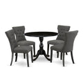 East West Furniture DMGA5-ABK-50 5 Piece Dining Room Table Set Includes a Round Dining Table with Dropleaf and 4 Dark Gotham Linen Fabric Upholstered Parson Chairs, 42x42 Inch, Wirebrushed Black