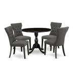 East West Furniture DMGA5-ABK-50 5 Piece Dining Room Table Set Includes a Round Dining Table with Dropleaf and 4 Dark Gotham Linen Fabric Upholstered Parson Chairs, 42x42 Inch, Wirebrushed Black