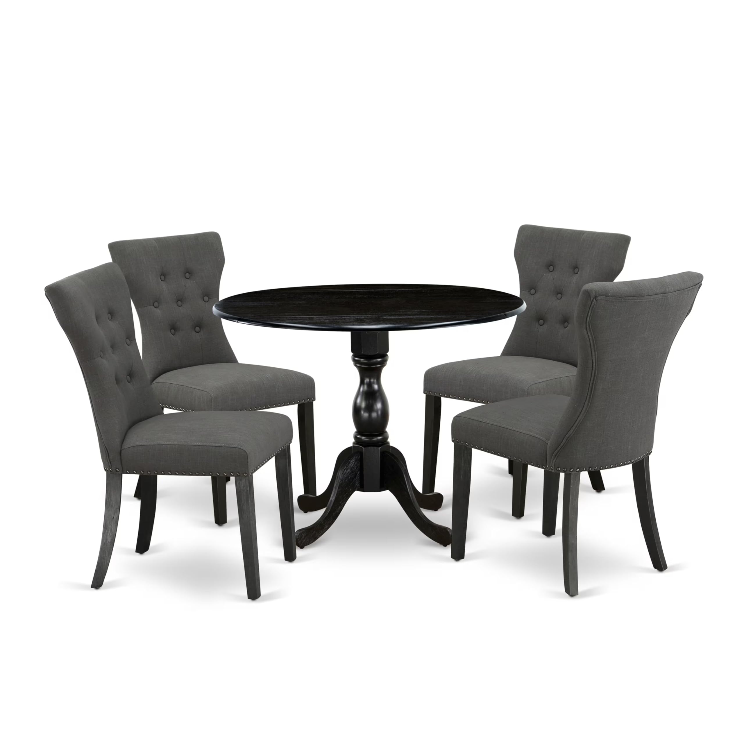 East West Furniture DMGA5-ABK-50 5 Piece Dining Room Table Set Includes a Round Dining Table with Dropleaf and 4 Dark Gotham Linen Fabric Upholstered Parson Chairs, 42x42 Inch, Wirebrushed Black