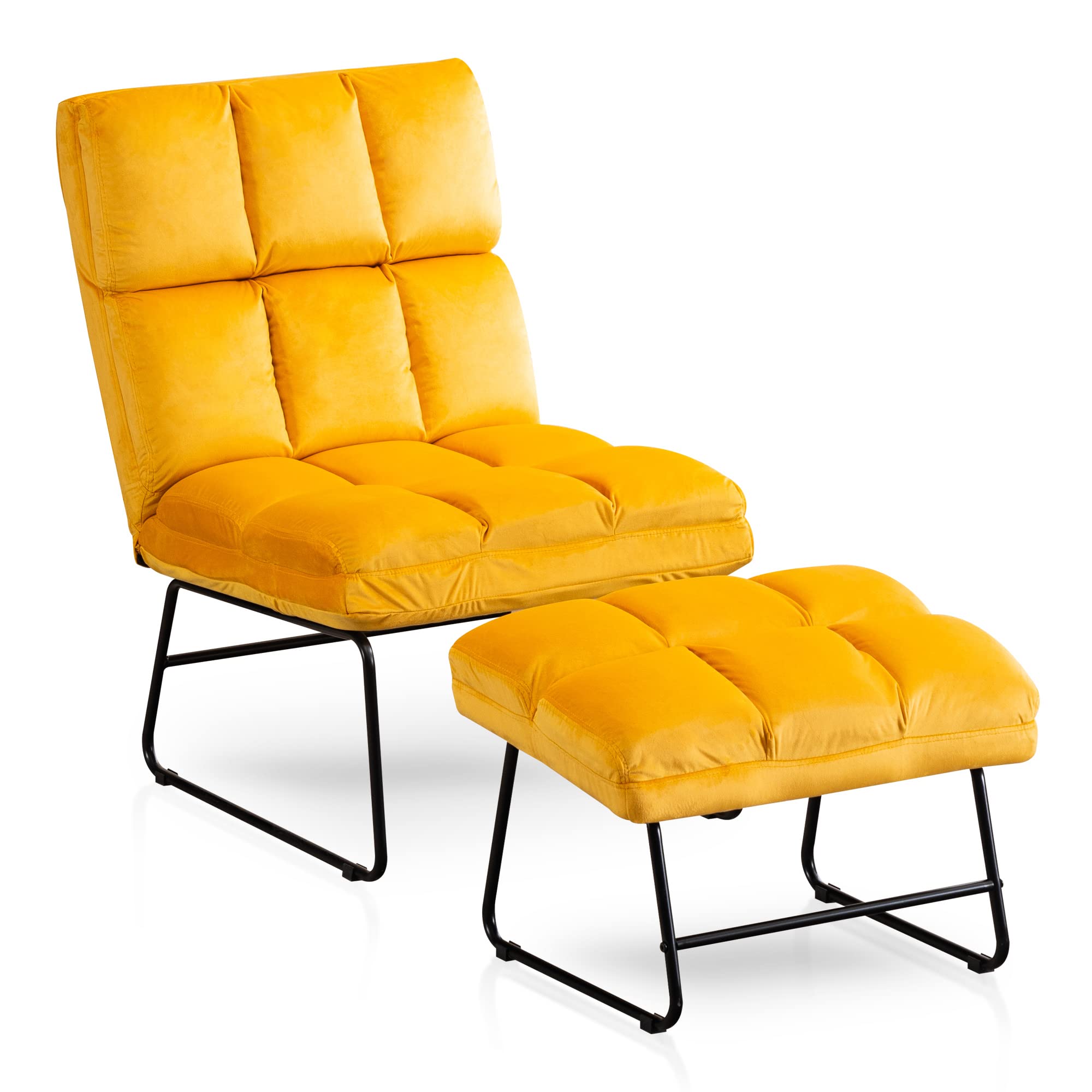 Mcombo Velvet Accent Chair With Ottoman Set, Modern Armless Chair For Living Room, Bedroom, Small Space 0014 (Velvet, Yellow)
