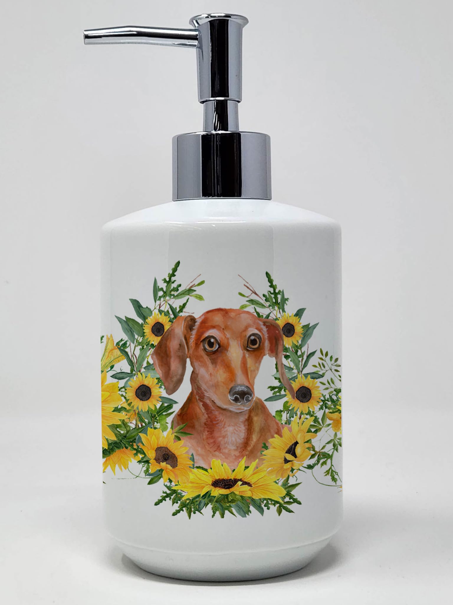 Caroline's Treasures CK2899SOAP Red Dachshund in Sunflowers Ceramic Soap Dispenser Hand Soap Dispenser Pump Bottles for Bathroom