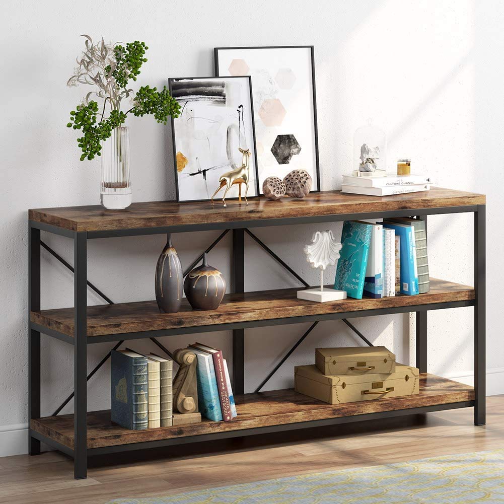 Tribesigns 55 Inches Long Sofa Table with Storage Shelves, 3 Tiers Industrial Rustic Console Table with Open Shelves, Three Deco