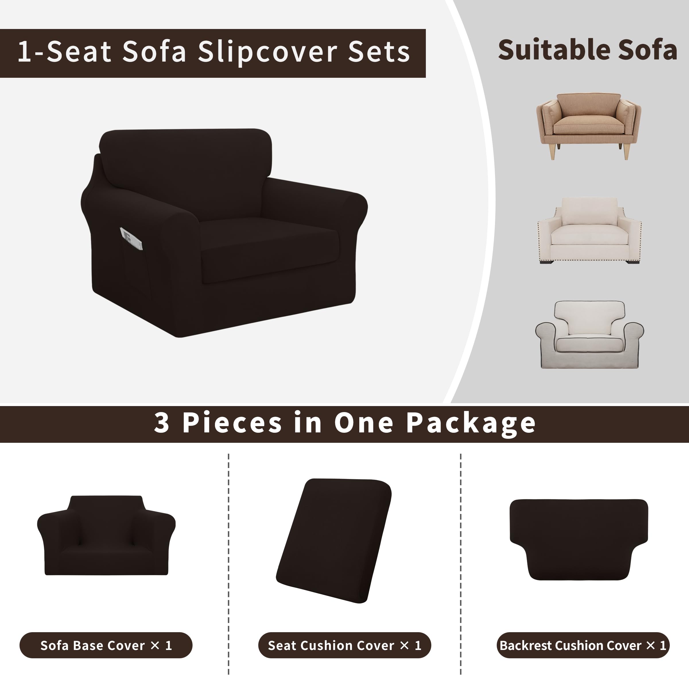 Easy-Going 3 Pieces Stretch Chair Cover Washable Chair Slipcover Set For 1 Backrest And Seat Cushion Couch Anti-Slip Sofa Couch