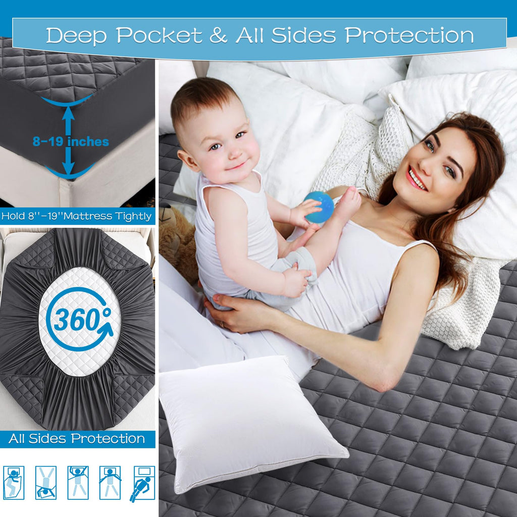 Grt Full Size Grey Quilted Fitted Mattress Pad, 100% Waterproof Breathable Mattress Protector, Noiseless Hollow Cotton Mattress