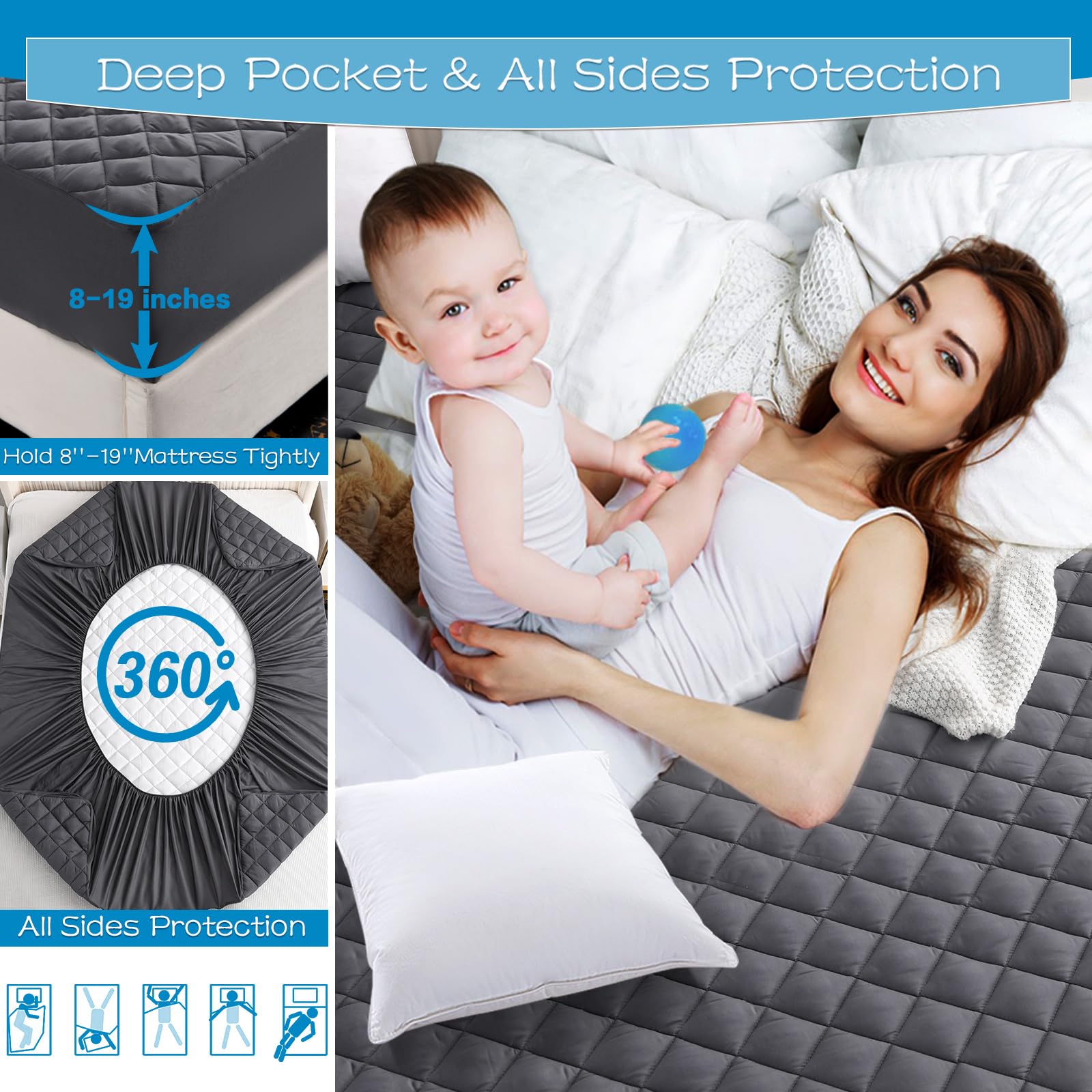 Grt Full Size Grey Quilted Fitted Mattress Pad, 100% Waterproof Breathable Mattress Protector, Noiseless Hollow Cotton Mattress
