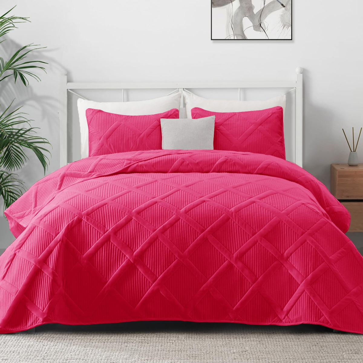 Exclusivo Mezcla Quilt Set King Size, 3 Pieces Hot Pink King Quilt Bedding Set, Lightweight Quilts Soft Bedspreads Modern Stripe