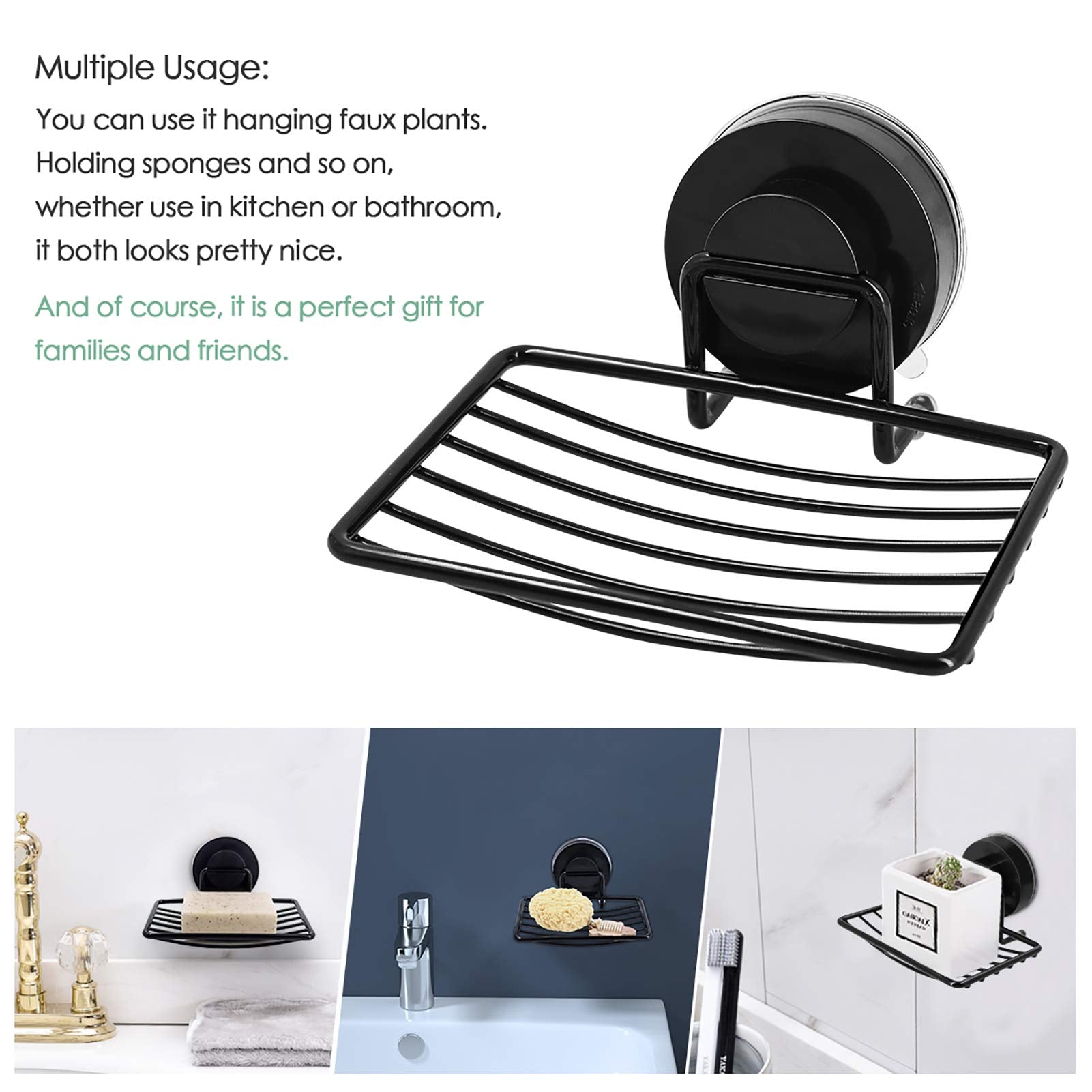 Black Shower Soap Holder, 2 Packs, Suction Cup Bar Soap Dish, Stainless Steel Soap Dish Tray, Draining Soap Holder For Shower Ba