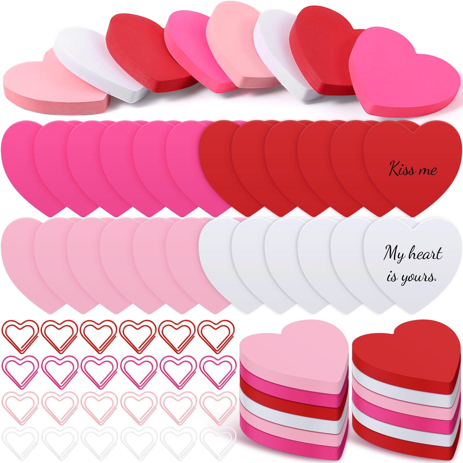 Fuyoooo Heart Shaped Sticky Notes Pad And Love Paper Clips Set Valentine'S Day 2.83' X 2.83' Sticky Memo For Office Home Schoo