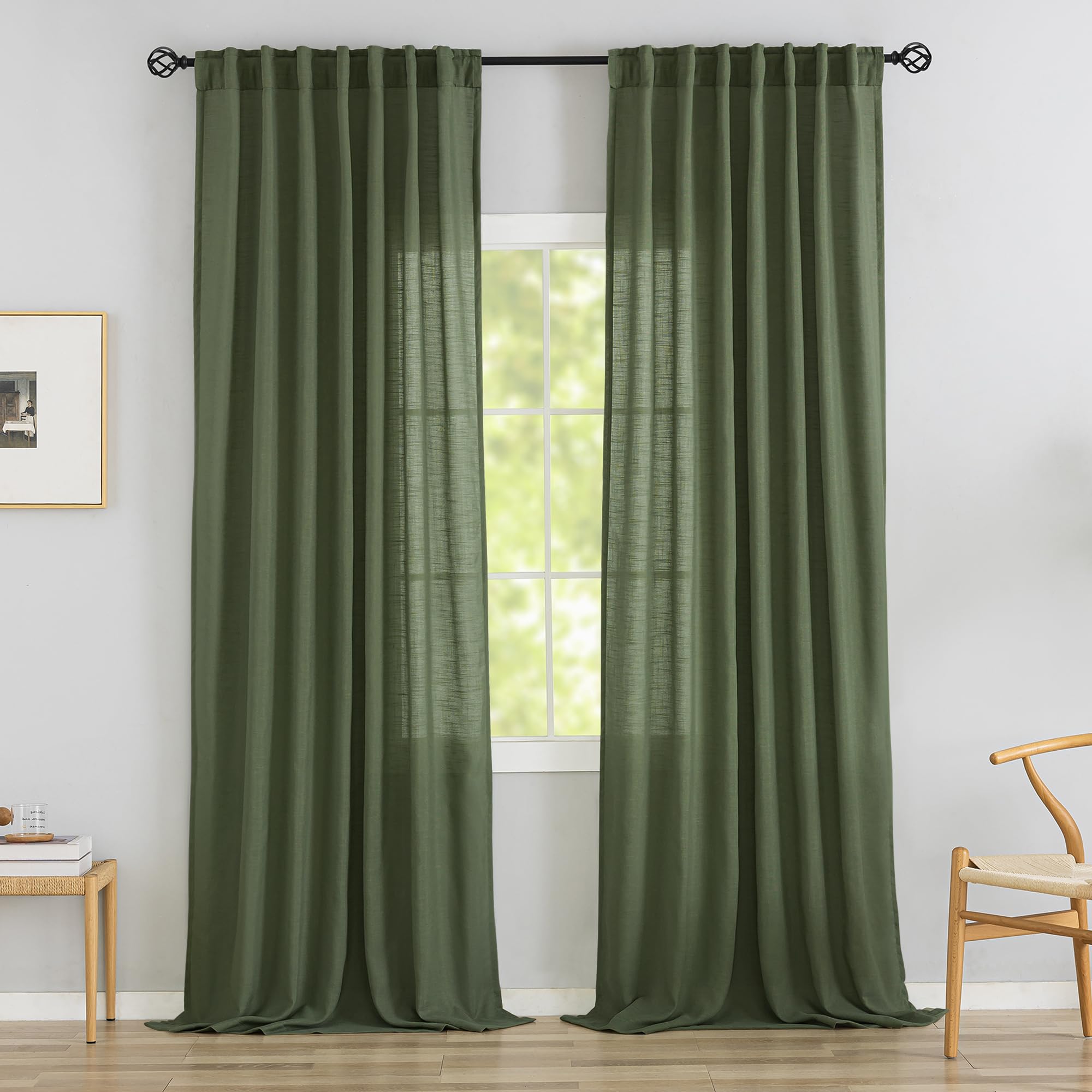 Olive Linen Back Tab Curtains 132 Inches Extra Long Ceiling To Floor For Villa Farmhouse -2 Panels Hooks Belt Pinch Pleated Easy Sliding Curtains Light Filtering Semi Sheer Drapres 52' X 132' Length