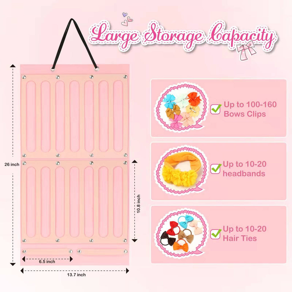 Hair Bows Holder W/Large Capacity, Hair Clips Storage Hanger W/ 16 Ribbons, Hair Bows Organizer, Baby Accessory Display W/Sturdy Rope, Wall Hanging For Girl Room, Nursery Decors